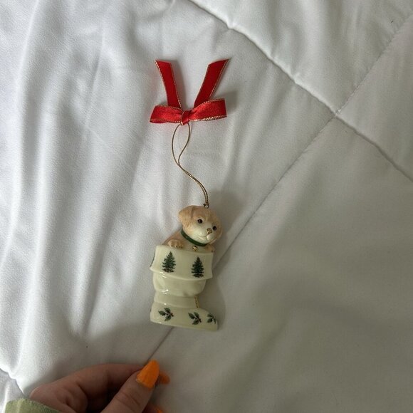 Spode Christmas Tree Ornament Puppy Dog in Stocking 3.25" No Box Bow Red Green - Picture 1 of 8